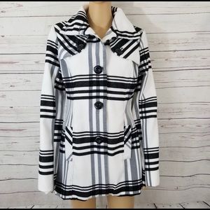 BCX Peacoat Jacket Size L White & Black Plaid